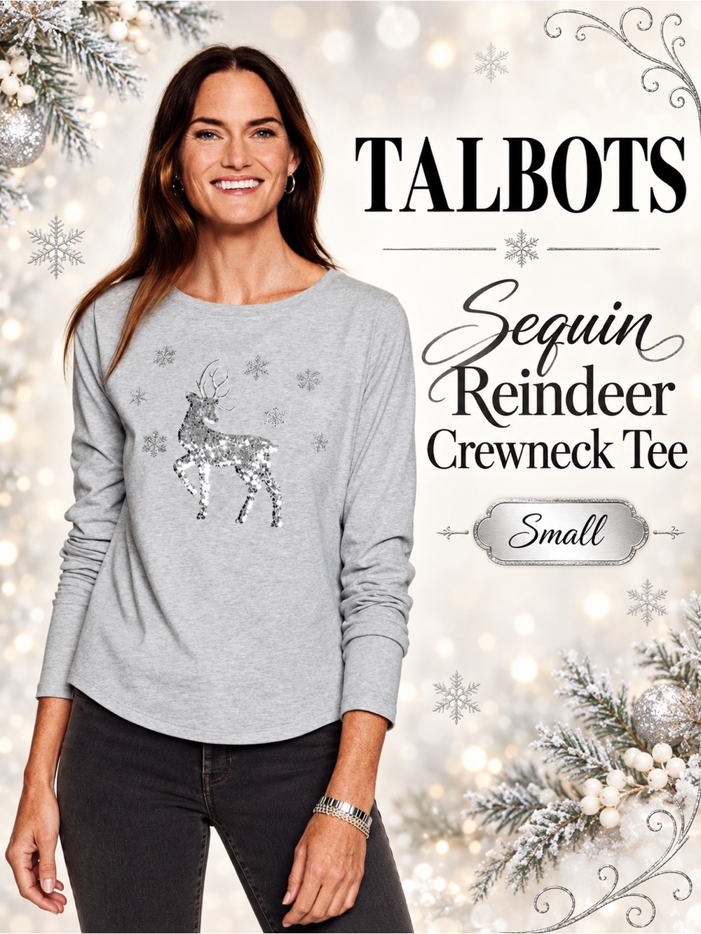 Talbots Gray Sequin Reindeer Long Sleeve Crewneck Tee Christmas NEW